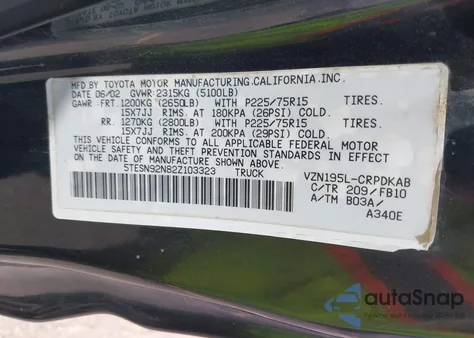 2002 Toyota Tacoma Prerunner V6 из США, поврежденный, VIN 5TESN92N82Z103323